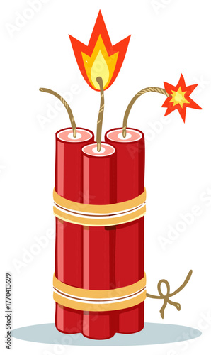 Bundle of dynamite sticks with burning fuse and sparks cartoon illustration