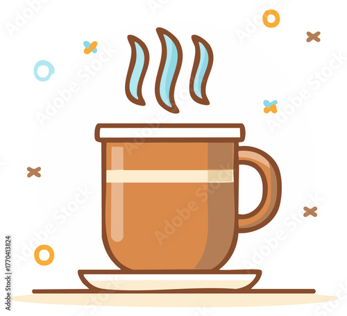 Stylized illustration of a steaming brown mug with a saucer and decorative elements