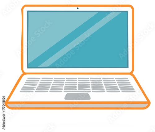Stylized orange outlined laptop with blank screen and keyboard illustration