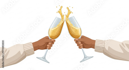 Hands clinking champagne glasses with golden liquid for New Year, Christmas  