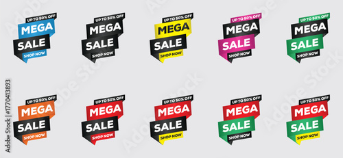Colorful Sale Discount Tags and Banners Set – Red, Black, Blue, Pink, Yellow, Green, and Orange Promotion Labels