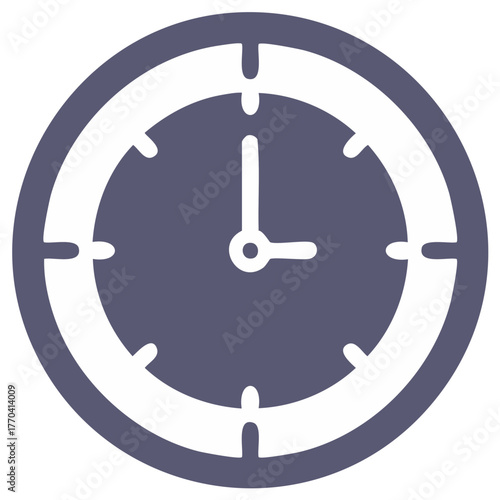 Clock face graphic in dark grey with white hands set to 3 o'clock on a minimal style icon