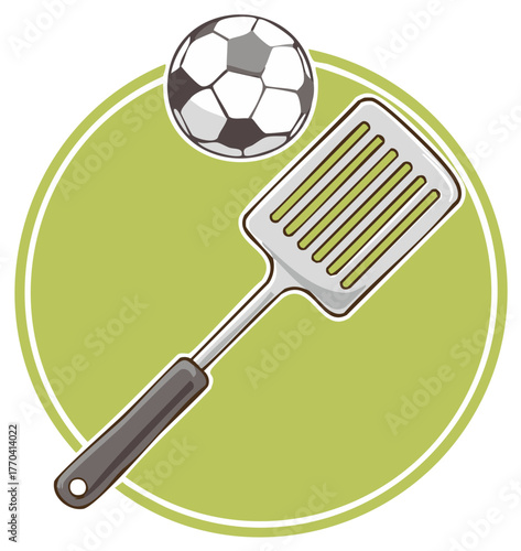 Soccer ball with kitchen spatula on green round shape, vector illustration