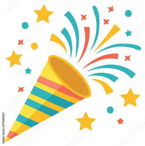 Festive confetti popper releasing stars and streamers vibrant celebration symbol
