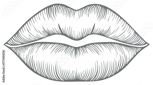 Engraved lips with detailed lines representing texture and form conveying sensuality and beauty