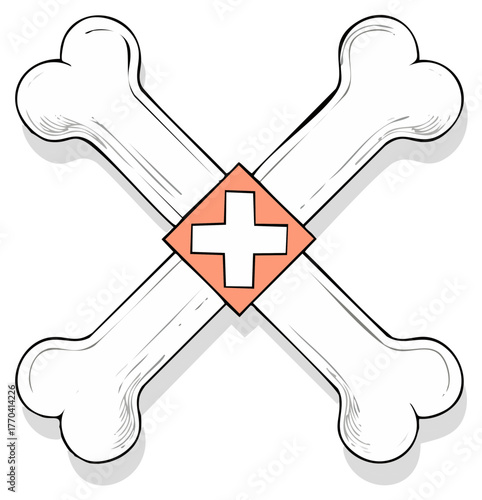 Crossed bones with medical white cross in peach diamond shape stylized illustration