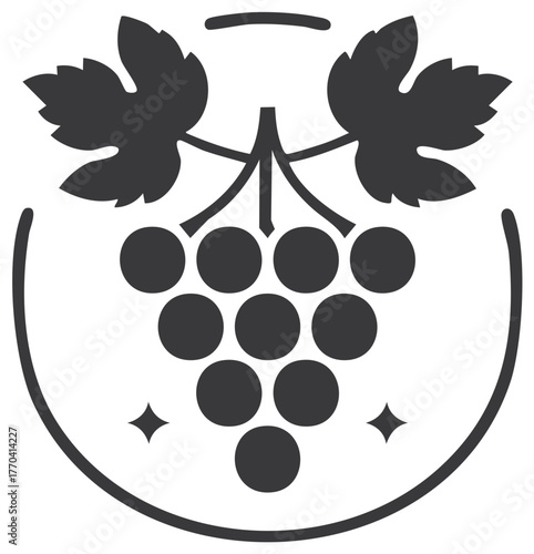 Grape cluster icon with leaves in circle shape, wine making concept, winery business