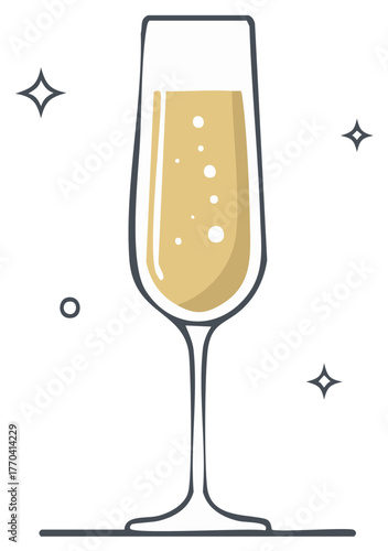 Festive Golden Champagne Flute with Sparkling Bubbles Outline Illustration