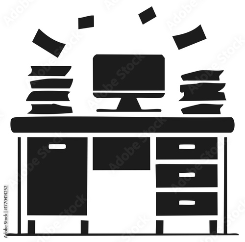 Chaotic office desk scene with computer monitor and overflowing paper stacks illustrating heavy workload