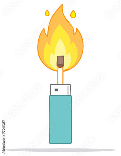 Simple cartoon style turquoise butane lighter igniting a vibrant orange and yellow blazing flame illustration