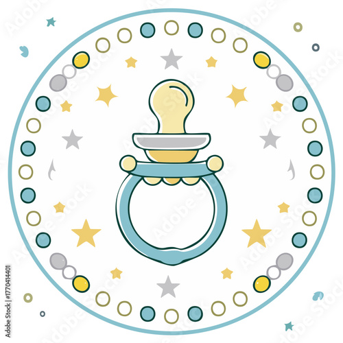 Isolated baby pacifier icon surrounded by stars and circles. Teal, yellow and grey colors.