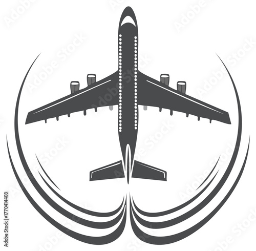 Airplane graphic icon with vapor trails, jet flight symbol, transportation design, and aviation vector art