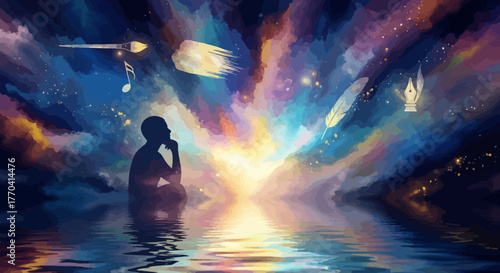 Abstract artwork of a contemplative figure with artistic elements reflecting in water