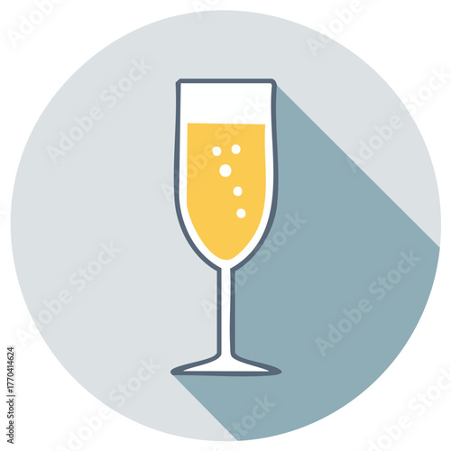 Bubbly yellow drink in a champagne flute glass flat design icon within a circle