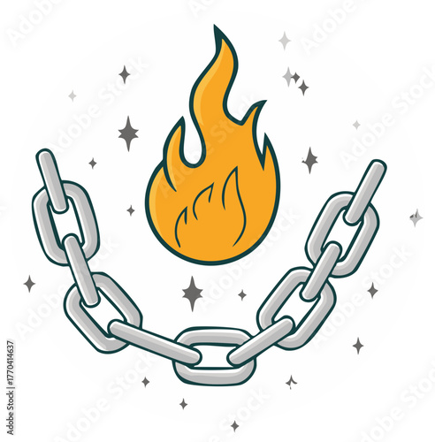 Dynamic cartoon illustration of a strong metal chain with a powerful blazing flame and decorative sparkles