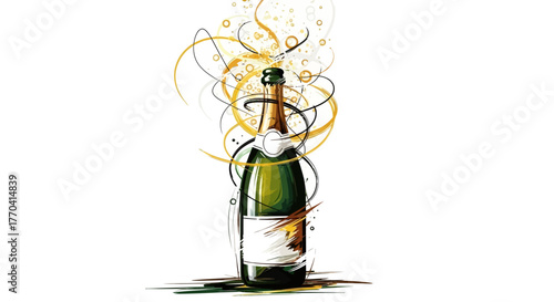 Champagne bottle illustration with abstract swirls design for celebration concept