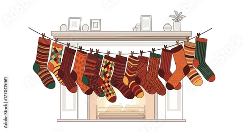 Colorful socks hanging on clothesline above fireplace illustration