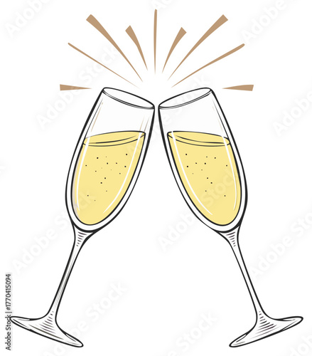 Festive illustration of two champagne flutes clinking together with sparkling bubbly wine