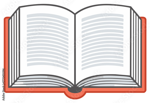 Vibrant red open book illustration with abstract text lines on blank pages, knowledge concept