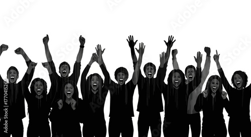 Group of diverse people cheering with raised arms black silhouettes