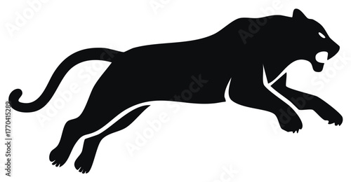 Powerful black panther or jaguar silhouette roaring jumping forward wild animal vector illustration