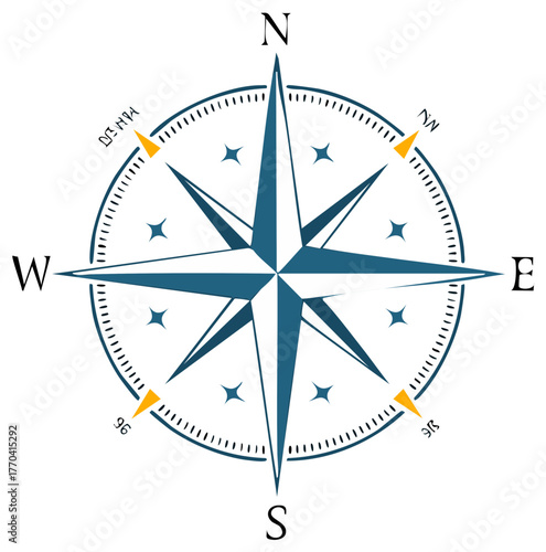 A blue and white compass rose with directional indicators for north south east and west