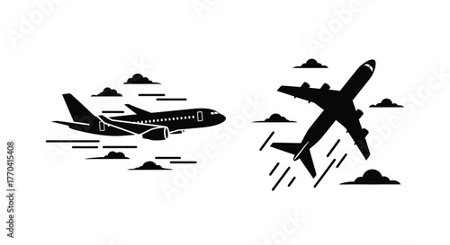 Two airplanes flying amidst clouds a simple black and white illustration