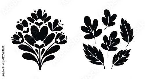 Elegant floral arrangements in black and white botanical illustration style