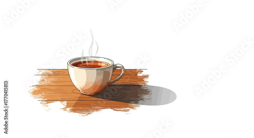 Steaming beverage in a ceramic cup illustration on a wooden surface with soft shadows white background for conceptual designs