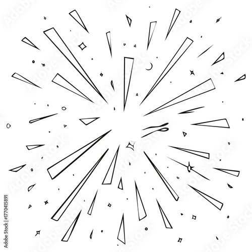 Burst effect illustration with radiating lines and small shapes in monochrome