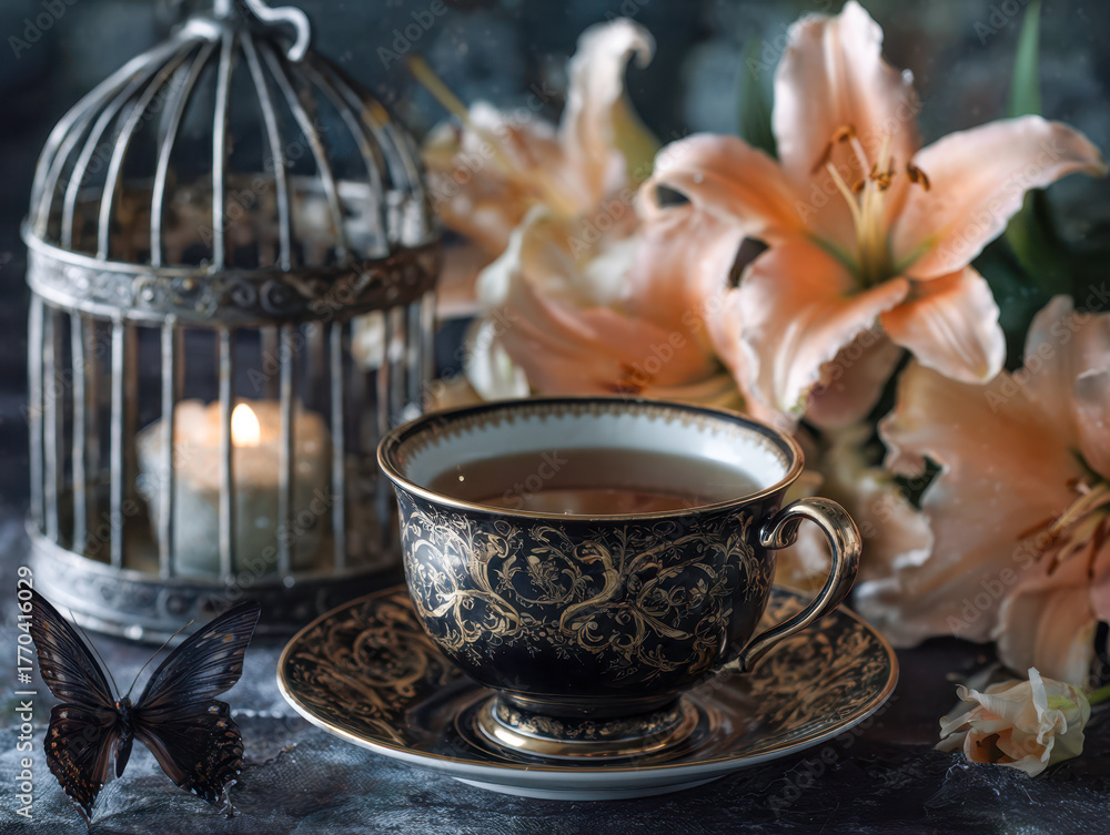Fototapeta premium Elegant tea setting with floral accents and candlelit ambiance