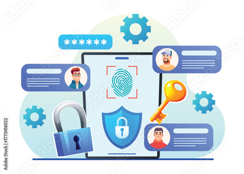 Concept of cyber security for internet mobile technology with biometric fingerprint login and data protection shield. Vector cartoon illustration