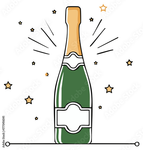 Festive champagne bottle with sparkling stars simple line drawing vector illustration