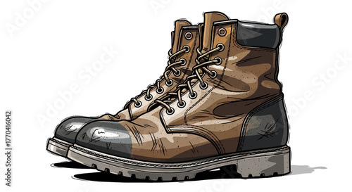 Work boots illustration with leather texture and laces vector design