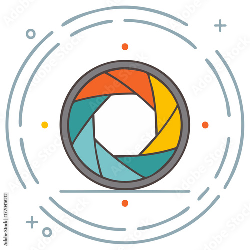 Colorful camera aperture with abstract circular design and small dots