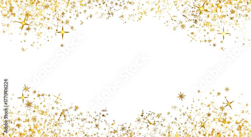 Sparkling golden and purple glitter particles and stars forming a decorative frame on a black background isolated on transparent background