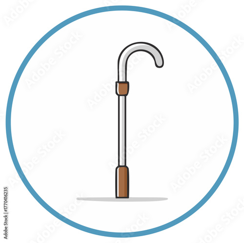Walking stick illustration in light blue circle, assistive device for mobility support or visual symbol