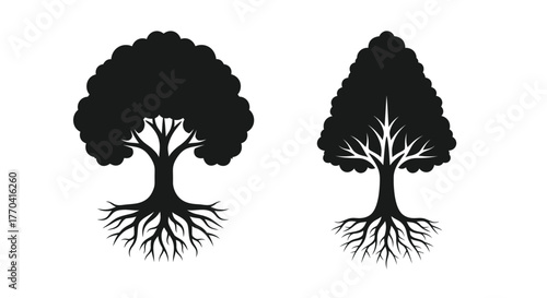 Stylized black silhouettes of two different trees with visible root systems