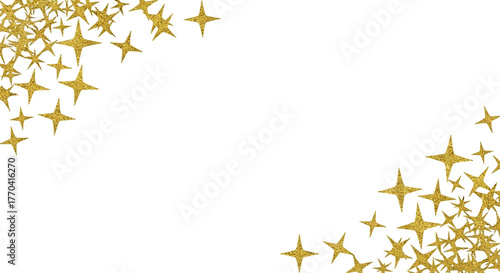 Golden sparkling starbursts scattered across a black background isolated on transparent background