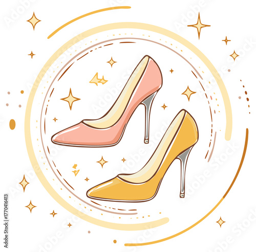 Pair of Illustrated Heels with Sparkling Round Frame, Pink and Yellow Shoes with Shiny Design