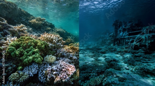 Wallpaper Mural A Visual Contrast of Healthy Coral Reefs and Impacts of Deep Sea Mining on Marine Ecosystems Torontodigital.ca