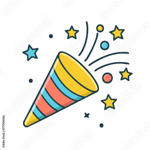 Celebratory party popper illustration with colorful stars and confetti elements popping out