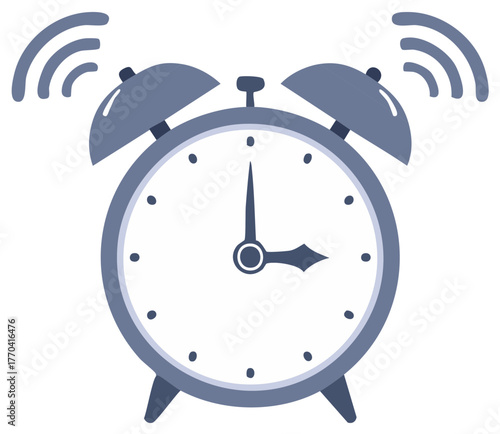Stylized retro alarm clock ringing loudly with sound waves, symbolizing time, wake up, and urgency