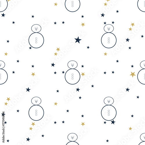 Minimal Snowman and Stars Seamless. Perfect for Christmas designs, winter wrapping paper, holiday cards, and festive decorations. Vector Pattern