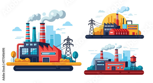 Industrial landscape with factories power plants and smoke stacks illustrated