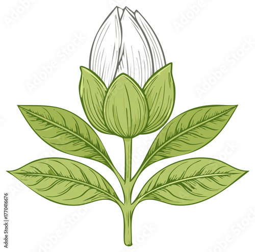 Elegant botanical illustration of an unopened white flower bud with vibrant green leaves and stem design