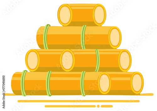 Pyramid of cylindrical objects in yellow and green with circular faces design element