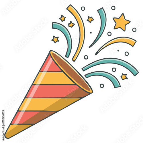 Festive party popper with confetti stars and streamers for celebrations and special events