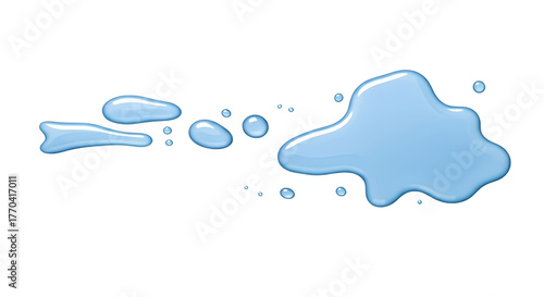 A light blue liquid spill with small droplets and a larger puddle shape isolated on transparent background