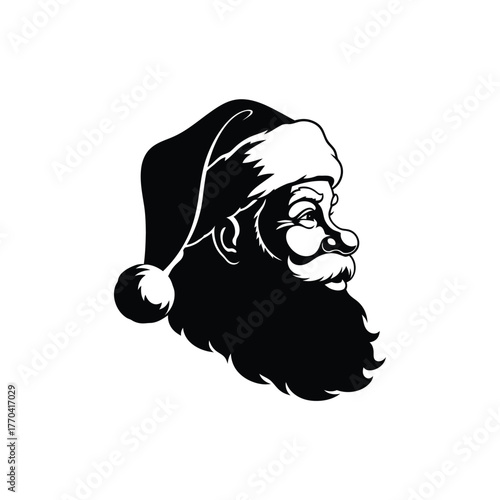 Canvas Print Black and white illustration of santa claus profile with a bushy beard and hat